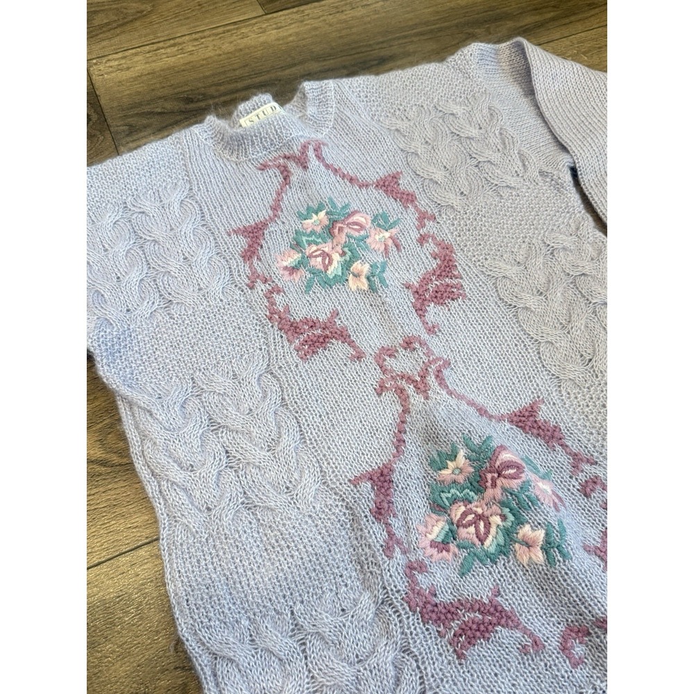 Vtg Studio by Michelle Stuart Mohair Blend Sweater Floral Knit Cottagecore Large - Picture 3 of 5
